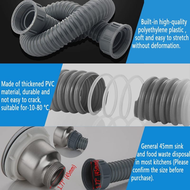 Cinsda 1-1/2 P-Trap Sink Drain Pipe, Flexible, 2 Pack, Gray, Plastic, Polyethylene, 1.8" NPT, Trap Connector, Kitchen & Bathroom, RV Drain - Image 5
